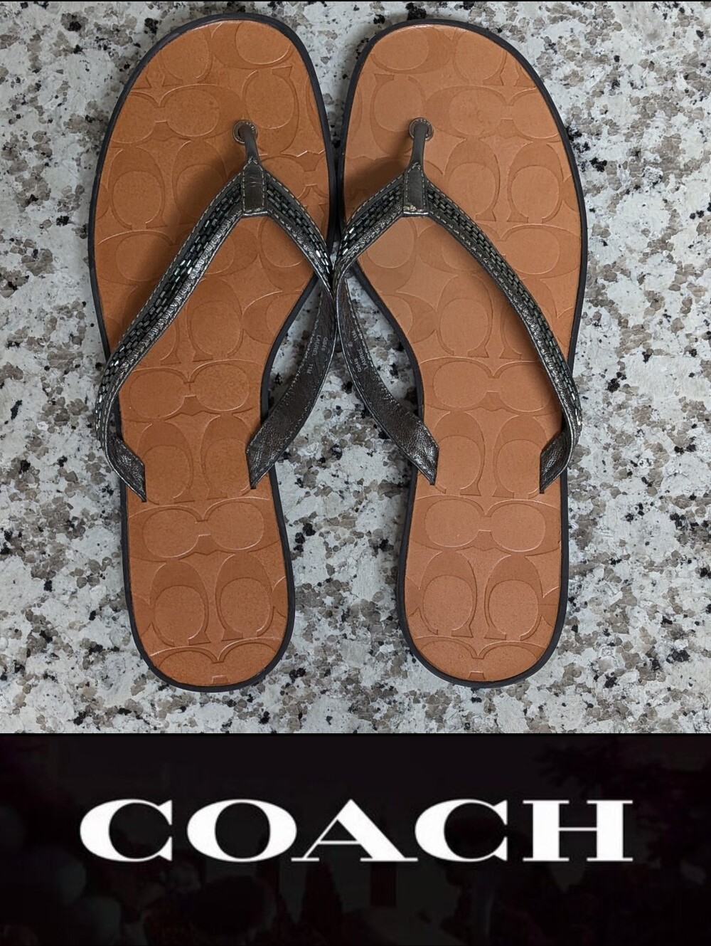 Coach Signature Monogram C Laurel Pewter Flip Flop Sandals Sz 11 Gunmetal Silver